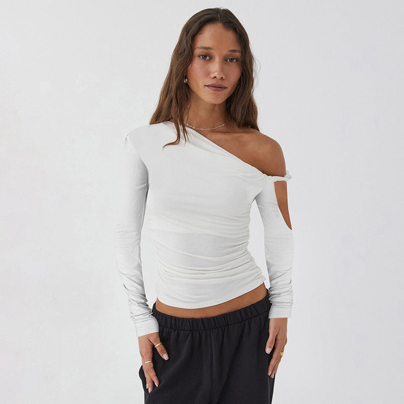 Pydshop date night outfit 2024 Summer New Women's Solid Color One-Shoulder Diagonal Collar Pleated Asymmetric Sexy Slim Top