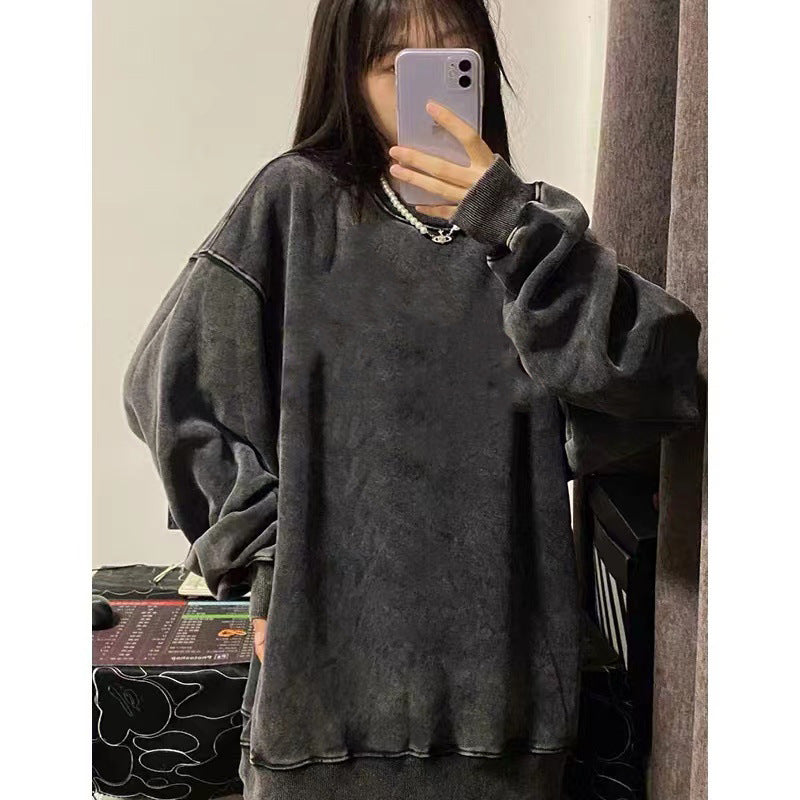 Pydshop grunge outfits American High Street Trendy Men's Linen Gray round Neck Cotton Sweater Women's Distressed Fashion Loose Top