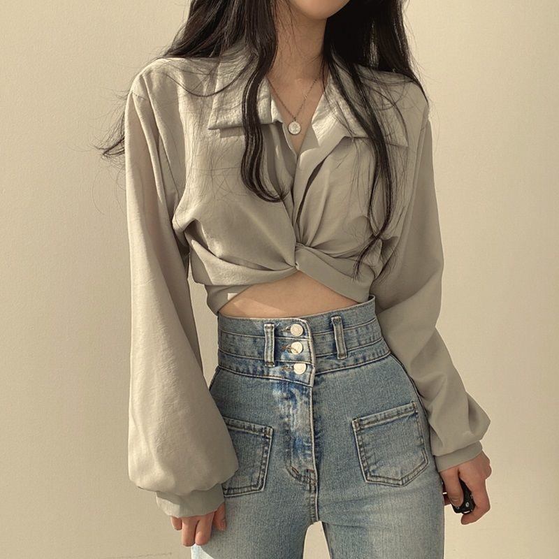 Pydshop discover style ideas Chic Early Spring French Style Niche Design Back Lace-up Butterfly Knot Navel Short Shirt Top for Women