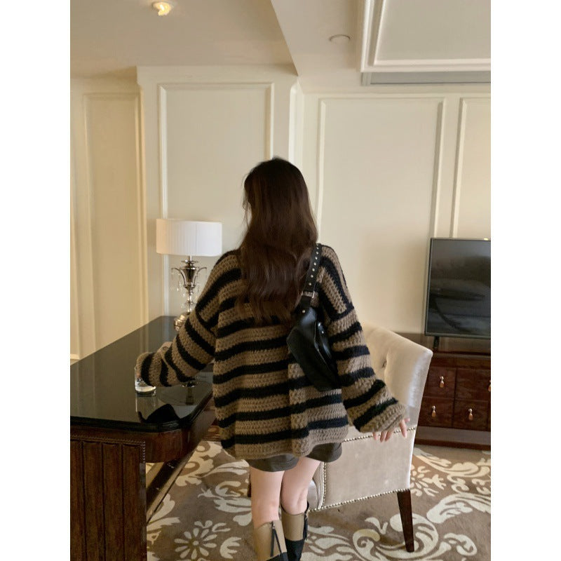 Pydshop fall outfits 2024 2024 Loose Lazy Retro Thick Loose Striped Sweater Women's Spring and Autumn off-the-Neck Thick Sweater Top
