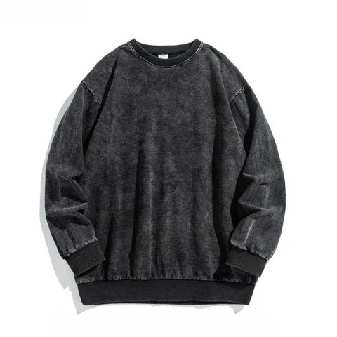 Pydshop grunge outfits American High Street Trendy Men's Linen Gray round Neck Cotton Sweater Women's Distressed Fashion Loose Top