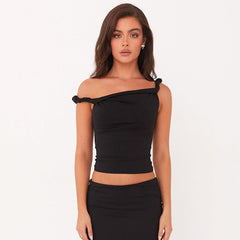 Pydshop date night outfit 2024 Summer New Women's Solid Color One-Shoulder Diagonal Collar Pleated Asymmetric Sexy Slim Top
