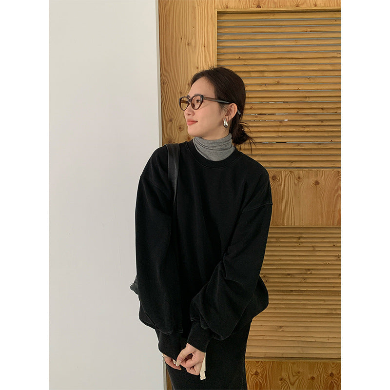 Pydshop grunge outfits Pleated Top for Women 2024 Autumn New Washed Distressed Hem Elastic Wide Sweater