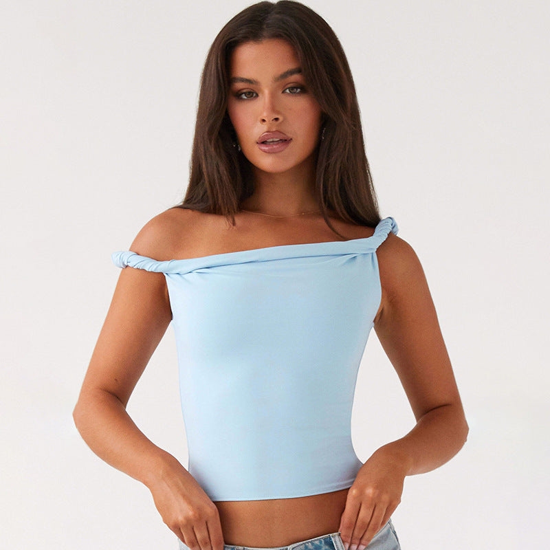 Pydshop date night outfit 2024 Summer New Women's Solid Color One-Shoulder Diagonal Collar Pleated Asymmetric Sexy Slim Top