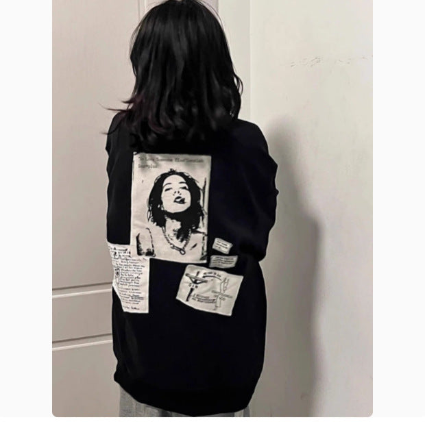 Pydshop grunge outfits Black American round Neck Sweater for Women Spring and Autumn 2024 New Oversize Hooded Retro Loose Long Sleeve Top