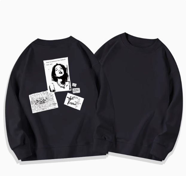 Pydshop grunge outfits Black American round Neck Sweater for Women Spring and Autumn 2024 New Oversize Hooded Retro Loose Long Sleeve Top