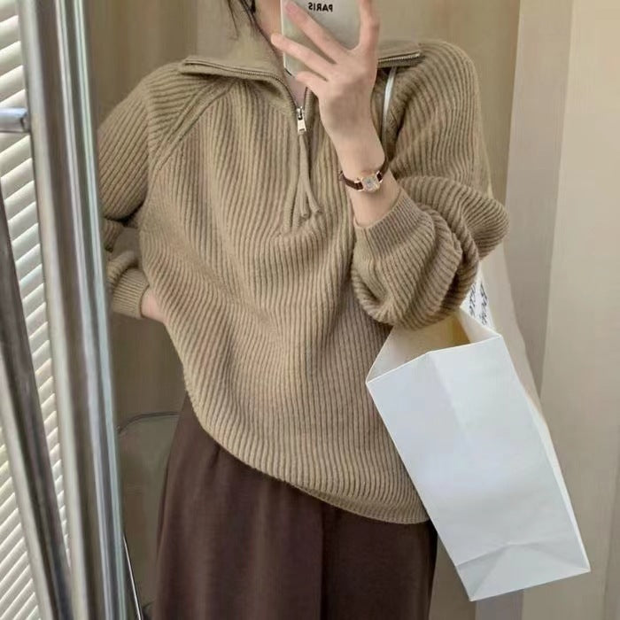 Pydshop clothes Women's Korean-Style Half-Zip Pullover Autumn and Winter Soft Glutinous Loose Lazy Style Knitted Top