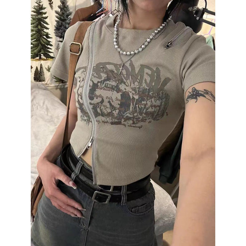 Pydshop 90s streetwear New Style Heavy-Duty Zipper Irregular Shoulder T-shirt American Retro Short-Sleeved Design Slim-Fit Slimming Top