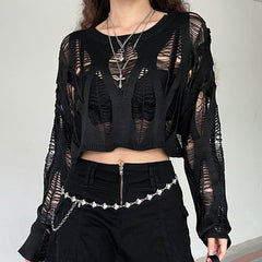 Pydshop y2k outfits Knitted Blouse T Top Summer and Autumn Women's Clothing Hot Girl Sexy Ripped Dark Hollow Long Sleeve