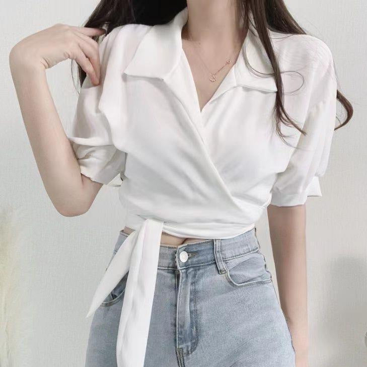 Pydshop discover style ideas Chic Summer French Style Niche Design Cross V-neck Lace-up Waist Short White Shirt Top for Women