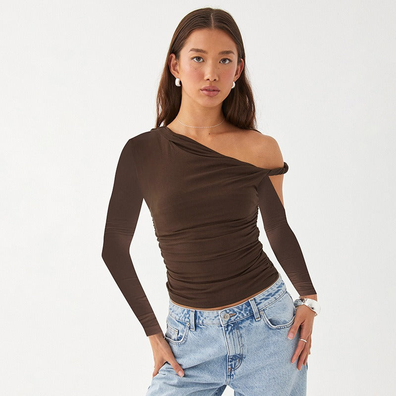 Pydshop date night outfit 2024 Summer New Women's Solid Color One-Shoulder Diagonal Collar Pleated Asymmetric Sexy Slim Top
