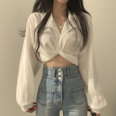 Pydshop discover style ideas Chic Early Spring French Style Niche Design Back Lace-up Butterfly Knot Navel Short Shirt Top for Women
