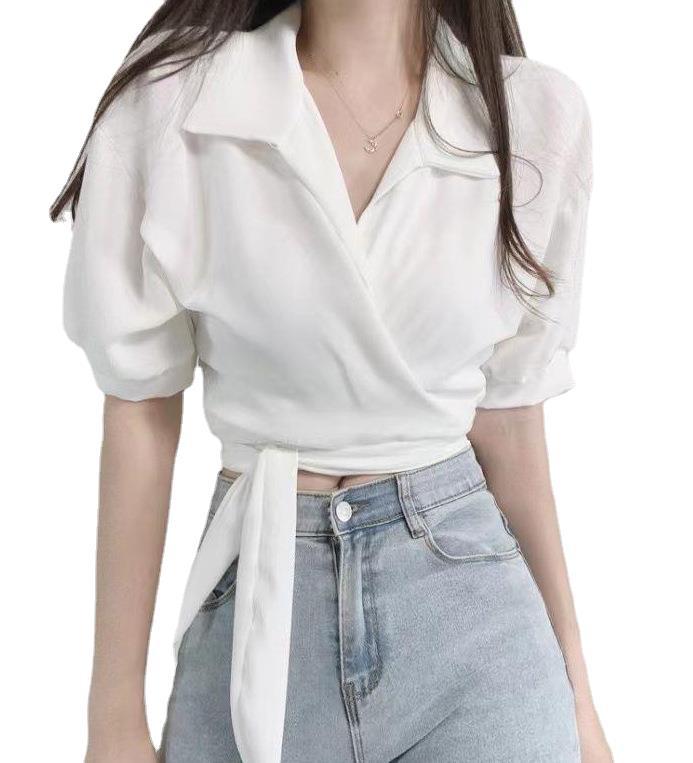 Pydshop discover style ideas Chic Summer French Style Niche Design Cross V-neck Lace-up Waist Short White Shirt Top for Women