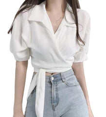 Pydshop discover style ideas Chic Summer French Style Niche Design Cross V-neck Lace-up Waist Short White Shirt Top for Women