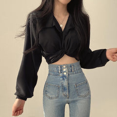 Pydshop discover style ideas Chic Early Spring French Style Niche Design Back Lace-up Butterfly Knot Navel Short Shirt Top for Women