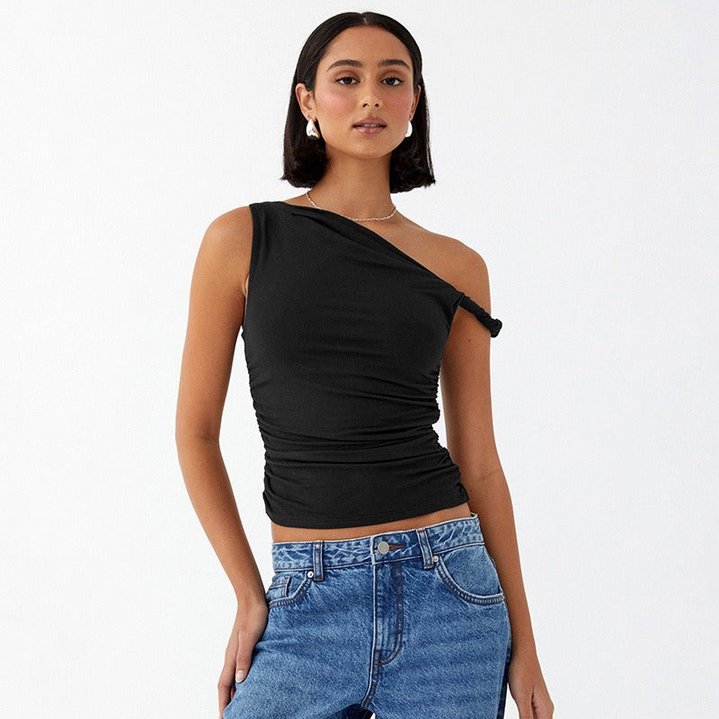 Pydshop date night outfit 2024 Summer New Women's Solid Color One-Shoulder Diagonal Collar Pleated Asymmetric Sexy Slim Top