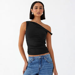 Pydshop date night outfit 2024 Summer New Women's Solid Color One-Shoulder Diagonal Collar Pleated Asymmetric Sexy Slim Top