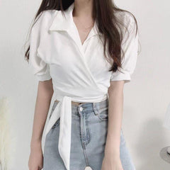 Pydshop discover style ideas Chic Summer French Style Niche Design Cross V-neck Lace-up Waist Short White Shirt Top for Women