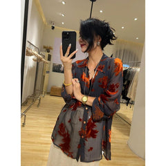 Pydshop outfit Spring and Summer New Style Shirt Single Chic Top Light Mature French Style Printed Loose Long Sleeve Sexy Shirt for Women