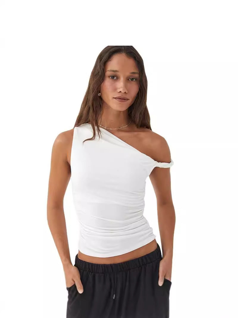 Pydshop date night outfit 2024 Summer New Women's Solid Color One-Shoulder Diagonal Collar Pleated Asymmetric Sexy Slim Top