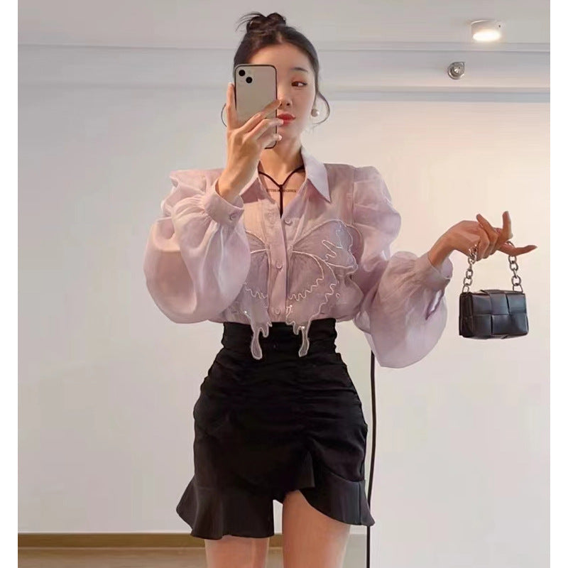 Pydshop 2000s fashion French Chiffon Shirt Women's Spring and Summer Thin Air Conditioning Shirt Niche Western Style Retro Puff Sleeve Top