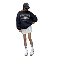 Pydshop back 2 school outfits American-Style Retro Letter Printed Sweater off-Shoulder Loose Cotton Long-Sleeved Top High-Grade round Neck Women's Autumn