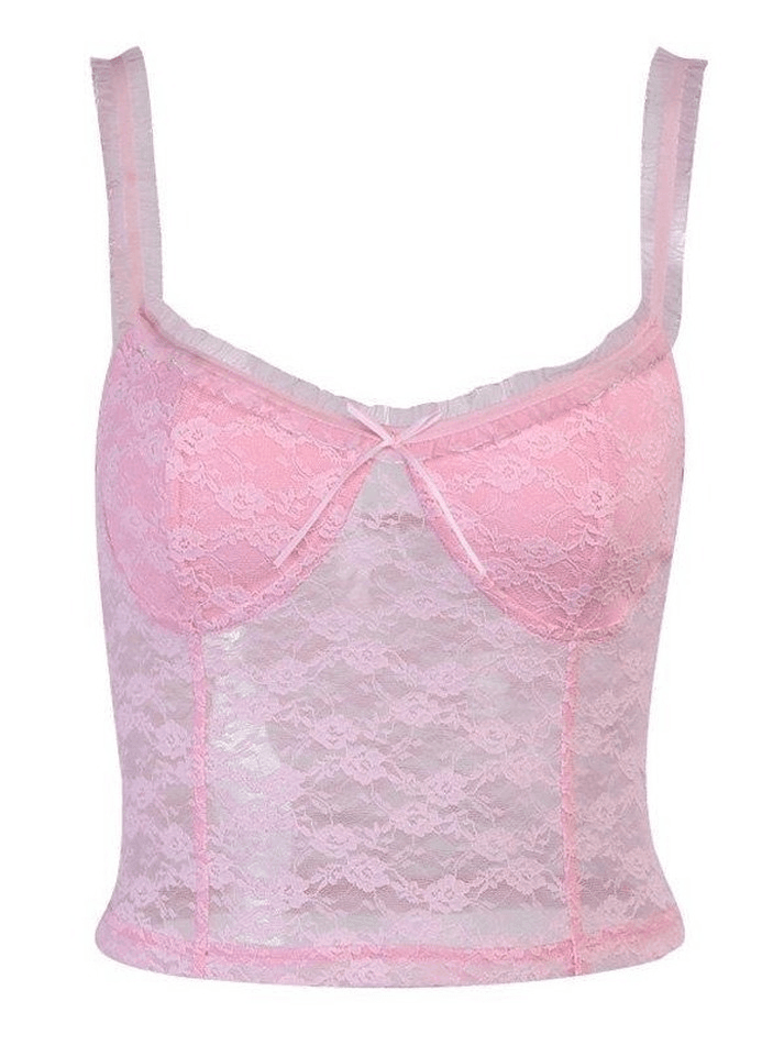Pydshop Y2K Tank Top Pink Lace Crop Vest Tank Top
