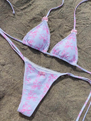 Pink Lace Trim Bikini Set