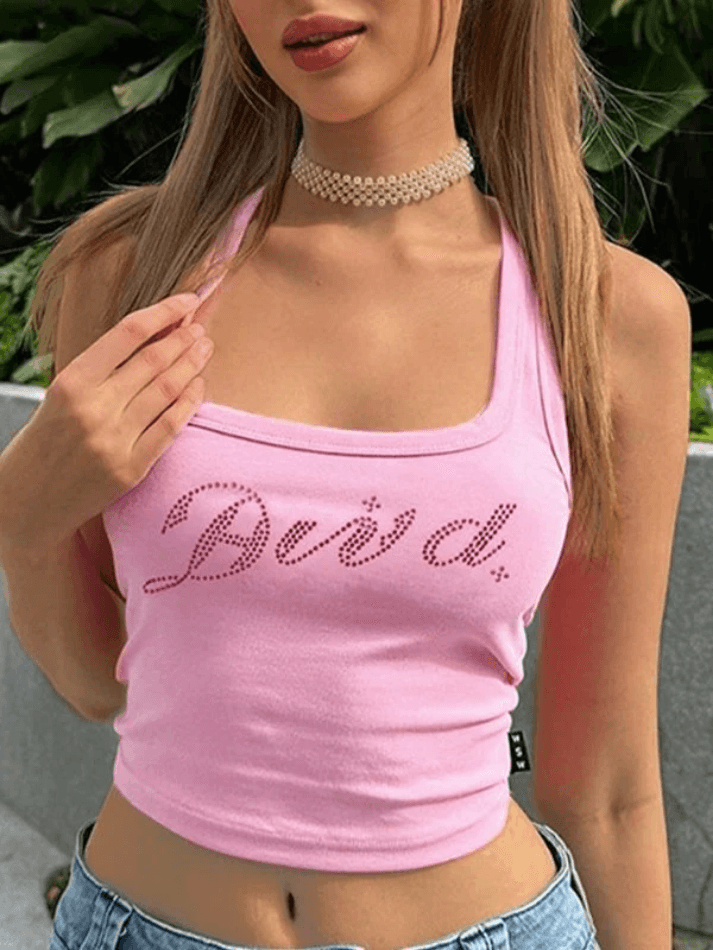Pydshop Y2K Tank Top Rhinestone Letter Cropped Tank Top