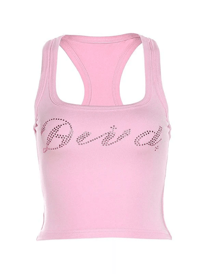 Pydshop Y2K Tank Top Rhinestone Letter Cropped Tank Top
