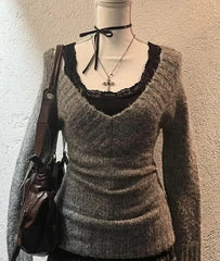 Pydshop Mode Vintage V-ausschnitt Strick Tops Frauen 2024 Frühen Herbst Neue Pullover Mujer Y2k Grunge Slim Fit Langarm Pullovers142411
