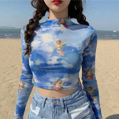 Pydshop New Arrival Women Angel Tee Sexy Women T Shirt See Through Transparent Mesh Top Long Sleeve Sheer Slim Ladies Turtleneck Blouse