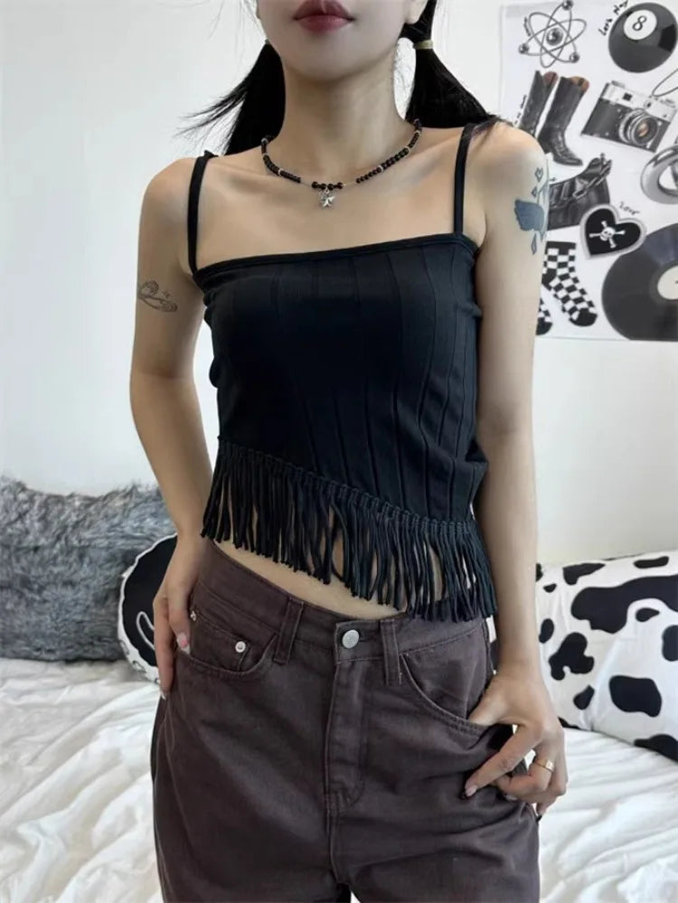 Pydshop Korean Sexy Backless Lace Up Camisole Tops Y2k E-Girl Slim Fit Tassel Tank Top 2024 Summer New Straight Black Vest for Women
