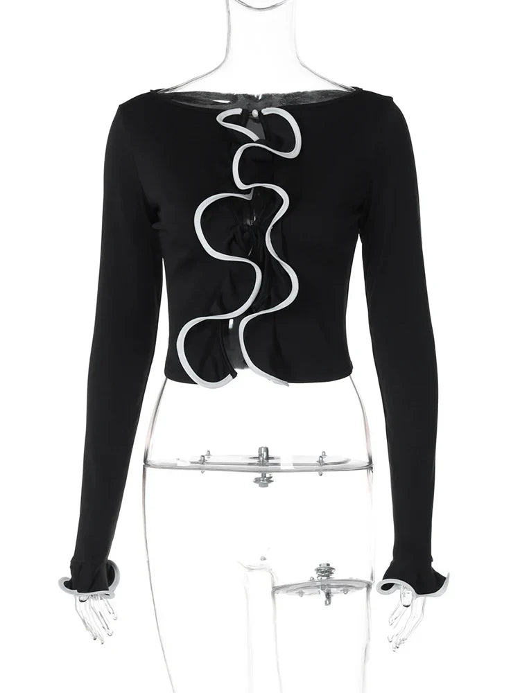 Pydshop Elegant Lace Up Cardigan Women's Navel Cut Out Sexy Long Sleeve Ruffled Short Hot Girl Slim Fit Outwear Top Fall Fashion