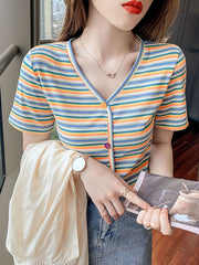 2022 Pydshop Casual Women T-Shirt Long Sleeve Korean Style Slim Basic Cotton Tshirt Striped Top Womens Clothing Spring T Shirt Femme