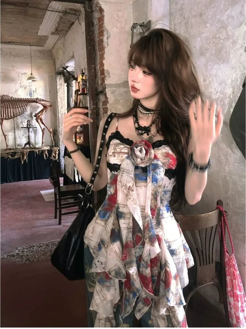 Pydshop New American Style Sexy Gyaru Halter Top Women Design Sweet Print Slim Camisole Summer High Street Coquette Asymmetrical Tees