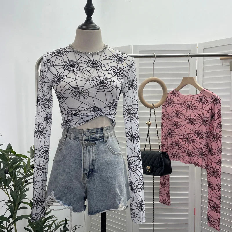 Pydshop Spider Print Mesh See Through Bottoming  Long Sleeve T-shirt Dark Hot Girl Slim Short Top y2k PartyClub Wear Daily Essential9908