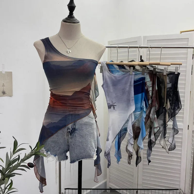Pydshop Ladies Off-shoulder Camisole Slim Fit Vest Hot Girl Sexy Tie-Dye Mesh Irregular Ribbon Tank Top Ruffled Party Leisure Essential