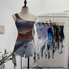 Pydshop Ladies Off-shoulder Camisole Slim Fit Vest Hot Girl Sexy Tie-Dye Mesh Irregular Ribbon Tank Top Ruffled Party Leisure Essential