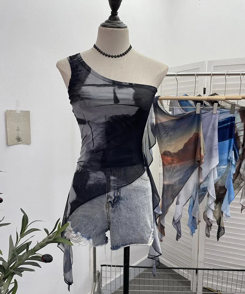 Pydshop Ladies Off-shoulder Camisole Slim Fit Vest Hot Girl Sexy Tie-Dye Mesh Irregular Ribbon Tank Top Ruffled Party Leisure Essential