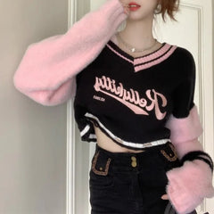 Pydshop Korean Sweet V-neck Off Shoulder Pullovers 2024 Autumn New Embroidery Lazy Tops Women Y2k E-Girl Long Sleeve Sweaters Mujer