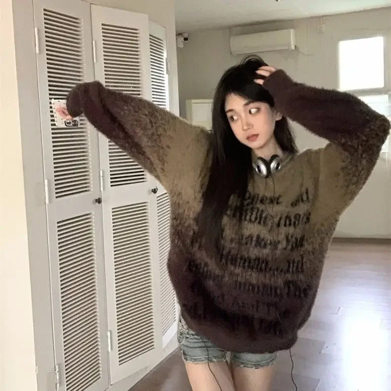 Pydshop  -  Gradient Sueter Mujer Women Autumn Letter Long Sleeve Top Oversized Sweater Women Jumper Casual Outfit Korean Y2k Clothes