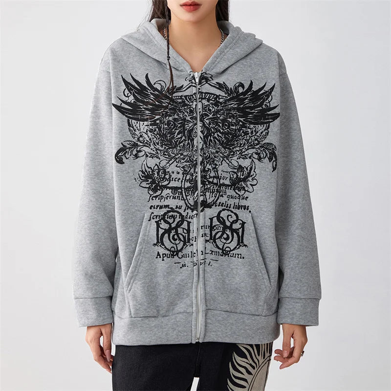 Pydshop hirigin Gothic Sweatshirt Women y2k Clothes Graphic Print Zip Up Long Sleeve Tops with Pockets Fairy Grunge Hoodie Streetwear