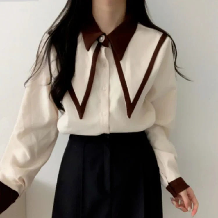 Pydshop Elegant Vintage Edge Piping Peaked Collar Shirts Women Spring Loose Puff Sleeve Blouses Simple Single Breasted Tops