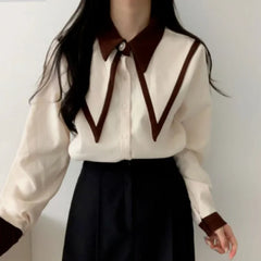 Pydshop Elegant Vintage Edge Piping Peaked Collar Shirts Women Spring Loose Puff Sleeve Blouses Simple Single Breasted Tops