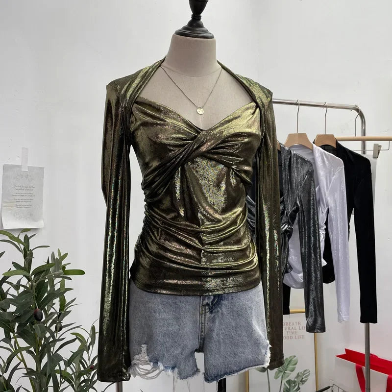 Pydshop Women's Sexy Twist V-neck Pleated Slim Fit Long Sleeve Bottoming Shirt Casual PartyClub Streetwear Y2K Top Essential Outfits8989