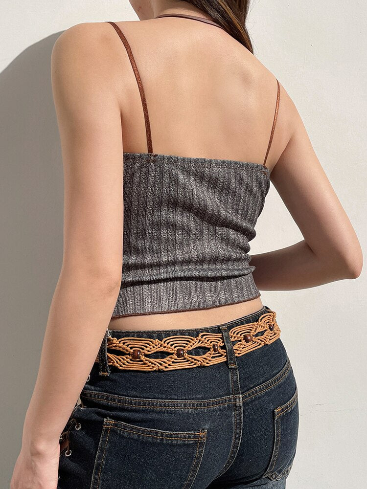 Pydshop Brown Lace Patchwork Slim Sleeveless Top