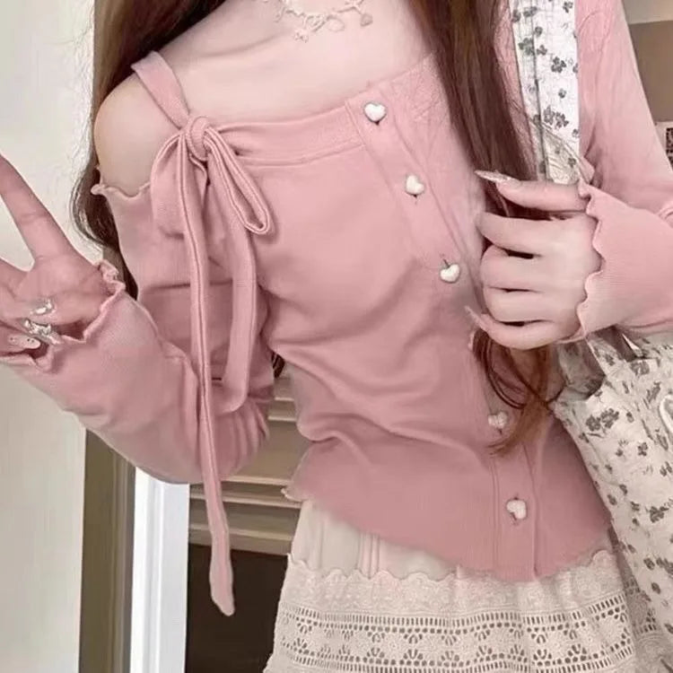 Pydshop Fashion Sweet Off Shoulder Bow Lace Up Sweaters 2024 New Slim Fit Pink Tops Women Y2k Grunge Long Sleeve Cardigan Mujer