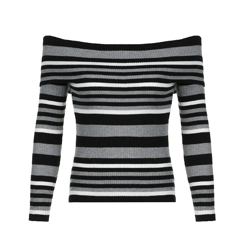 Pydshop 2024 Fashion Woman tops y2k style Vintage Stripe Off Shoulder Pullover Sweater