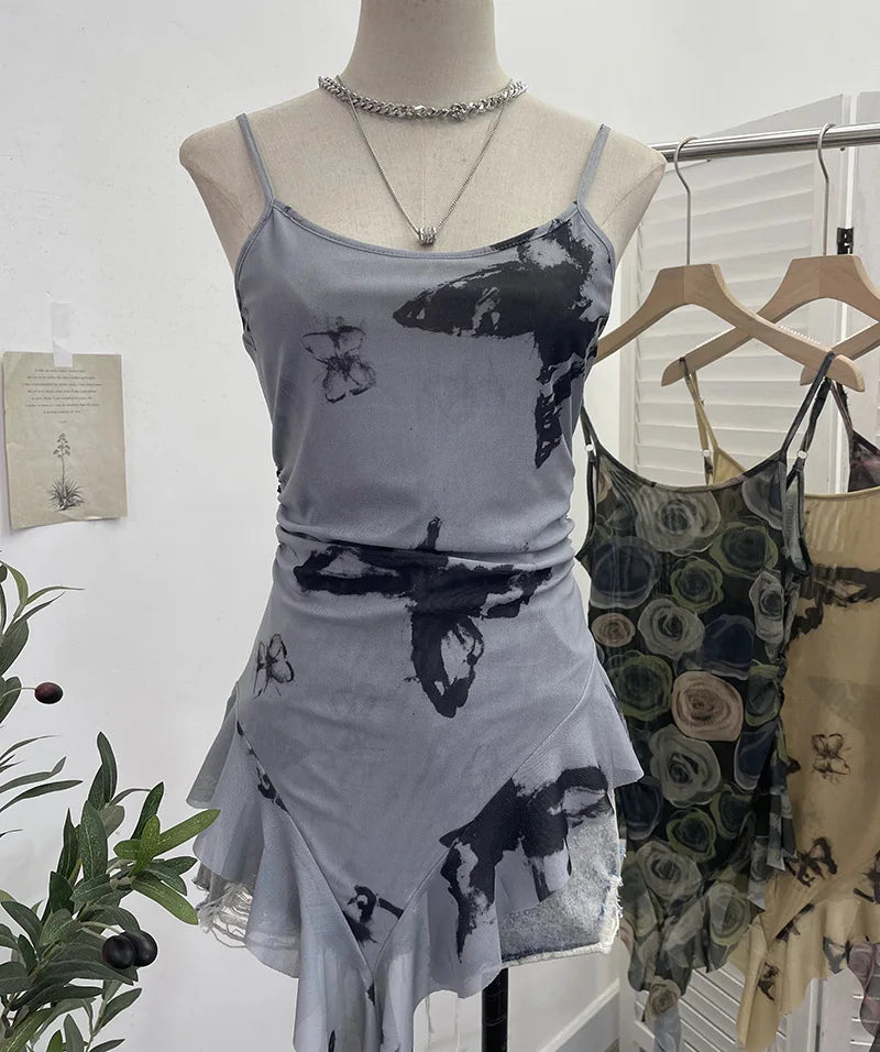 Pydshop Sexy Hot Girl Mesh Printed Camisole Slim Fit Irregular Ribbon Ruffled Sleeveless Top Ruffled Vest Party Essential Club Streewear